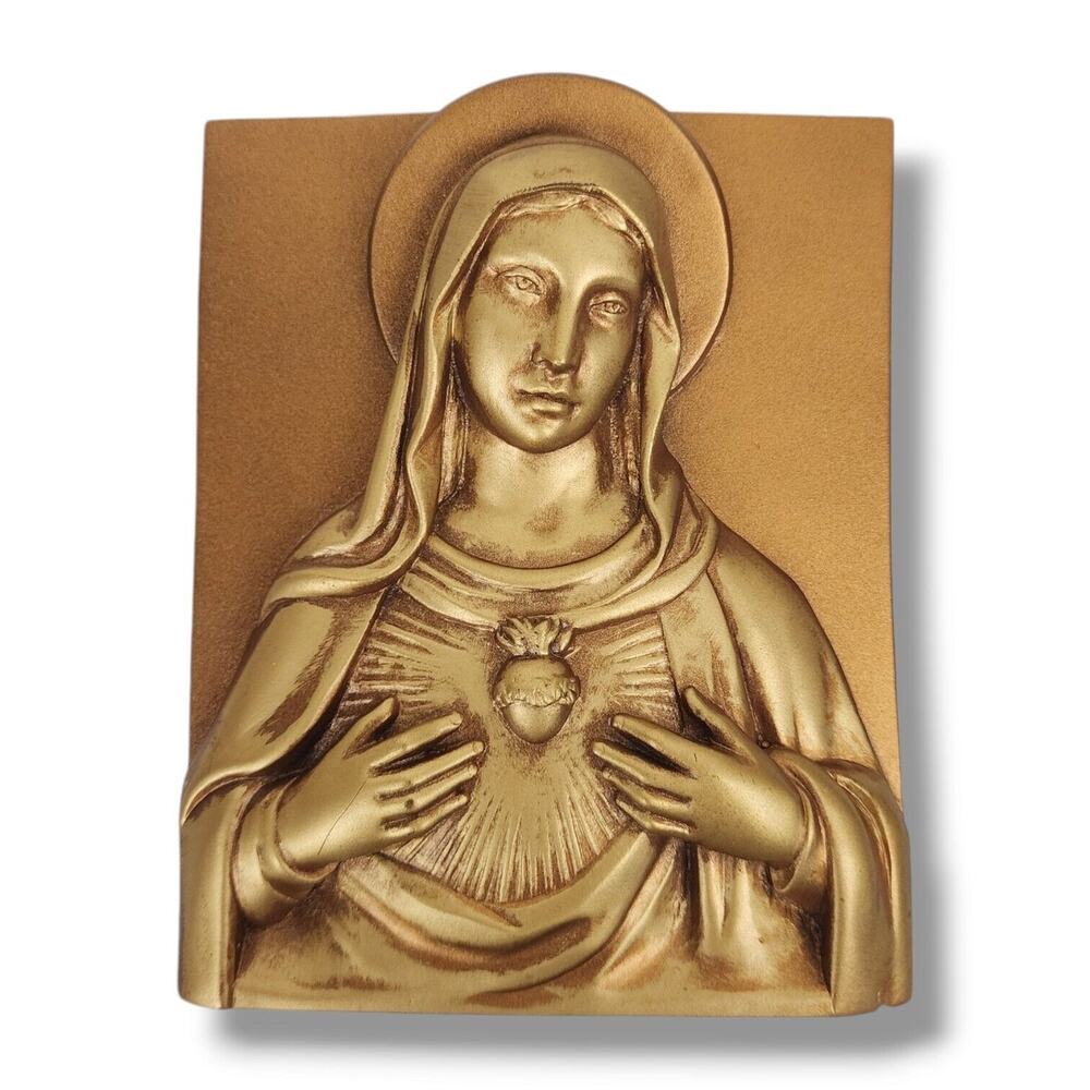 Vintage Chalkware Heart of Mary Gold 3D Wall Hanging Plaque Holy Religious Icon
